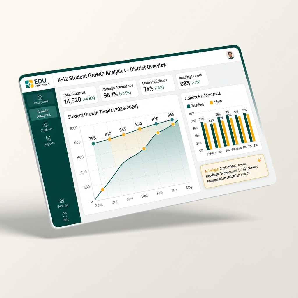 Pathway AI analytics dashboard showing student growth trends and an AI insight card